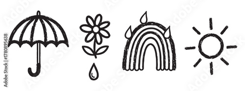 Black outline drawings of a striped umbrella, a blooming flower with a water droplet, a rainbow with raindrops, and a sun, depicting weather-related symbols.