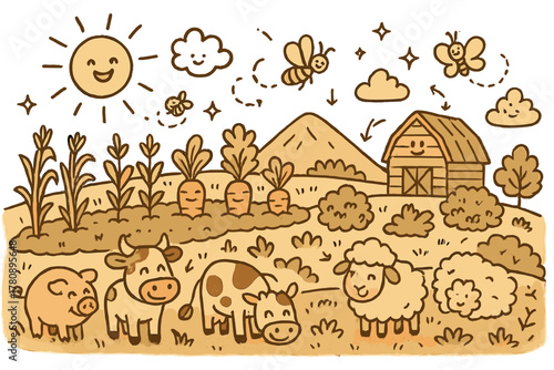 Ecological Farming Harmony. Joyful doodle integrated farming landscape with happy animals grazing, cartoon crops waving, smiling