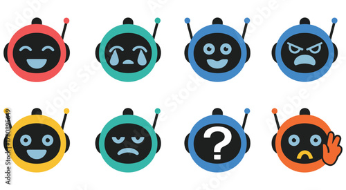 Robot emoji avatars vector illustration showing ai faces with human emotions happiness sadness surprise anger creativity and futuristic design