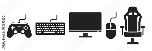 Black silhouette icons of gaming equipment including a controller, keyboard, monitor, mouse, and chair, ideal for gaming and technology themes.