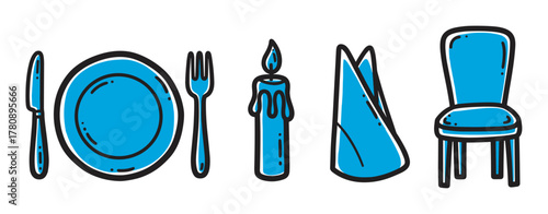 Blue outlined icons of a knife, plate, fork, candle, folded napkin, and chair depicting dining essentials.