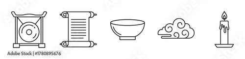 Linear black outline icons of a gong, scroll, bowl, cloud, and candle, each representing elements of meditation, wisdom, and tranquility.