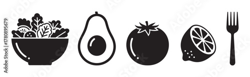 Black silhouette icons of a salad bowl, sliced avocado, whole tomato, sliced lemon, and fork in a clean and simple arrangement.