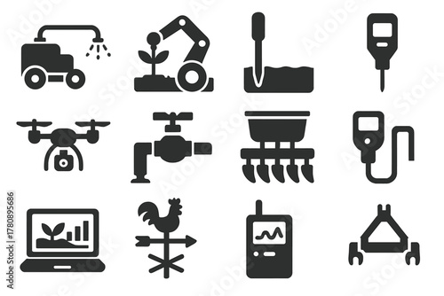 Smart Farming Icons. Solid style icons of Smart farming tools: automated sprayer, robotic harvester, soil probe, nutrient meter,