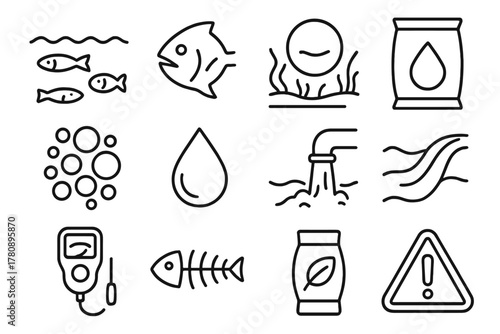 Waterway Contamination Icons. Line style icons of Waterway Contamination: Dead Zone, Fish Gill, Low Oxygen, Nutrient Runoff; Algae