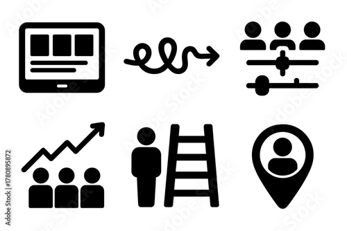 Crowdsourced Scriptwriting Icons. Line style icons of Crowdsourced Scriptwriting: digital storyboard icon, plot complexity thread,
