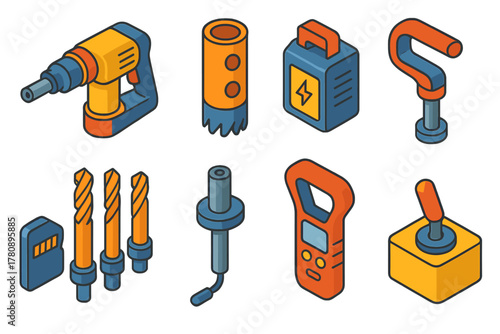 Underwater Diving Equipment Icons. Isometric vector illustration set Underwater diving gear – underwater drill, core sampler,