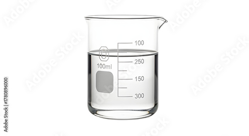 Isolated Transparent Glass Laboratory Beaker with Measurement Scale and Clear Liquid