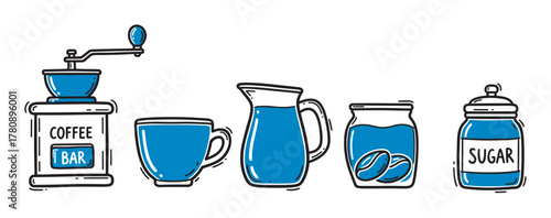 Vintage hand-drawn coffee grinder, cup, pitcher, jar with coffee beans, and sugar container in blue accents.