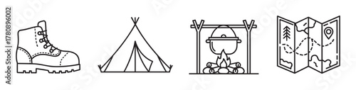 Black outline vector icons depicting a hiking boot, triangular camping tent, campfire with pot, and adventure map.