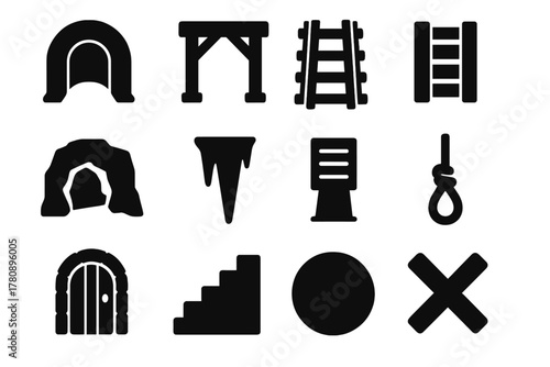 Underground Passage Icons. Solid style icons of Underground Passage: Tunnel, Support Beam, Rail Track, Ladder, Cave Wall,