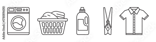 Black outline icons of washing machine, laundry basket with clothes, detergent bottle, clothespin, and a folded shirt.