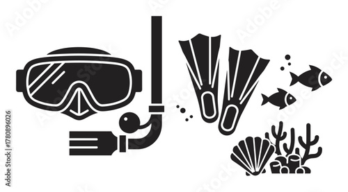 Black silhouette of snorkeling gear including goggles, snorkel, fins, and underwater marine life like fish and coral.