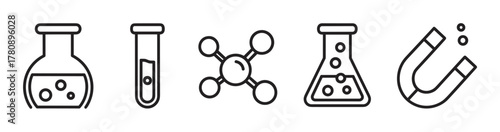 Black outline icons of scientific tools including a beaker, test tube, molecule, flask, and magnet, each with distinct features related to science.