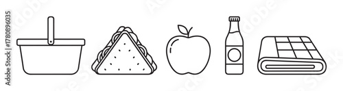 Black outline vector icons of a picnic basket, sandwich, apple, beverage bottle, and folded blanket, representing essential items for an outdoor picnic.