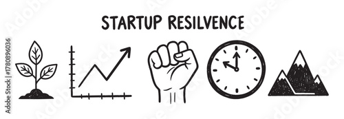 Minimal black and white illustration depicting startup resilience with icons of a sprouting plant, upward graph, clenched fist, clock, and mountains.