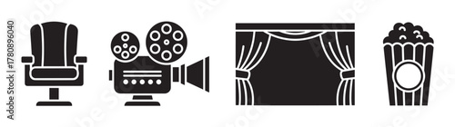 Black silhouette icons of a cinema chair, vintage movie camera, theater curtains, and popcorn, representing elements of a movie theater experience.