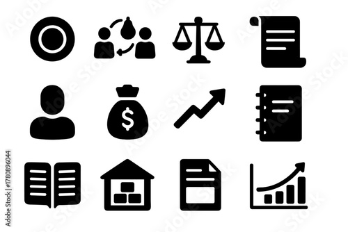 Historical Economy Icons. Solid style icons of historical economic systems: coin, barter icon, scale, scroll, human silhouette,
