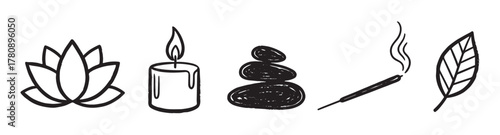 Black outline icons of a lotus flower, a candle with flame, stacked stones, burning incense stick, and a leaf, representing relaxation and wellness concepts.