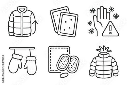 Cold Weather Icons. Line style icons of cold weather readiness: layering strategy symbol, hand warmers icon, frostbite warning
