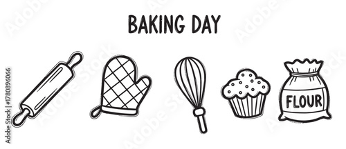 Simple black outline drawings depict a rolling pin, oven mitt, whisk, cupcake, and flour bag symbolizing essential baking tools.
