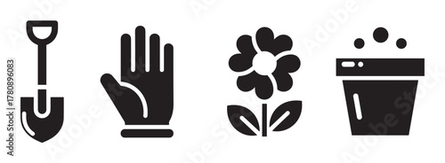 Set of four black gardening icons showing a shovel, a glove, a flower, and a flower pot, each in a simple silhouette style.