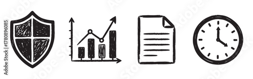 Black hand-drawn icons depicting a shield, a bar graph with line chart, a document, and a clock with a classic face and hands.