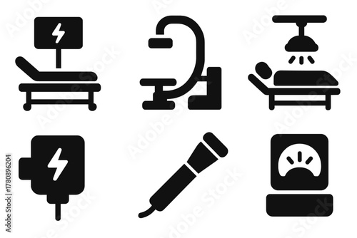 Plasma Hospital Equipment Icons. Solid style icons of plasma hospital equipment: plasma chamber bed, clinical arc device, hospital