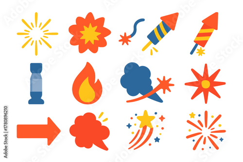 Flat Pyrotechnic Icons. Flat vector icons of combustion pyrotechnics: spark, explosion, fuse, rocket, mortar shell, flame, smoke
