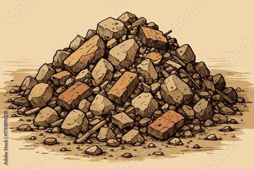 Construction Debris Pile. Pile of construction rubble with a mix of rocks, bricks, and debris, earthy tones and sharp textures,