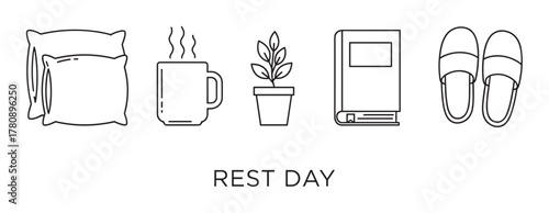 Black outline icons of pillows, steaming mug, potted plant, closed book, and slippers arranged in a row.