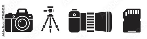 Black silhouette icons of a camera, tripod, telephoto lens, and memory card representing photography equipment essentials.