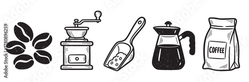 Black and white vector icons depicting coffee beans, a manual coffee grinder, a scoop with coffee grounds, a coffee pot, and a bag labeled coffee.