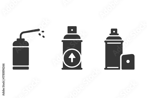 Spray Can Icons. Solid style icons of spray can technology analysis: early spray device icon, paint valve glyph, pressure ring