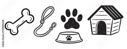 Black outline vector icons of a dog bone, leash, paw print, bowl, and doghouse, symbolizing pet care essentials.
