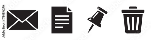 Black icons of an envelope, a document, a pushpin, and a trash bin arranged in a row, symbolizing mail, documents, reminders, and waste management.