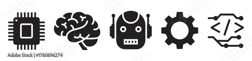 Series of black icons representing a microchip, human brain, robot head, gear, and circuit board for technology and artificial intelligence themes.