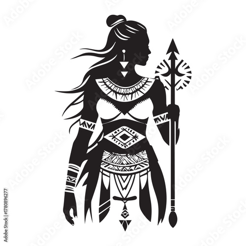 Silhouette of a powerful warrior woman with intricate tribal markings and holding a spear in a dynamic pose