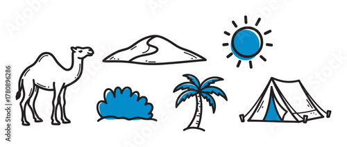 Illustrated symbols of a desert landscape, featuring a camel, sand dune, sun, palm tree, and camping tent in a simplistic style.