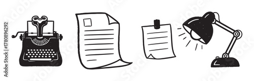 Black outline vector icons of a vintage typewriter, a sheet of paper, a pinned note, and a desk lamp.