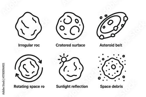 Asteroid Line Icons. Line style icons of Asteroids: irregular rocky body, cratered surface, asteroid belt ring, rotating space