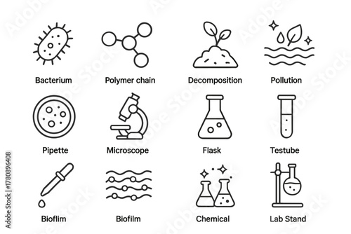 Biodegradation Scientific Icons. Line style icons of Waste Biodegradation: Bacterium, Polymer Chain, Decomposition, Pollution