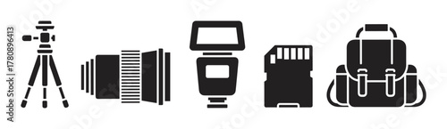 Black silhouette icons of photography equipment including a tripod, camera lens, flash unit, memory card, and backpack.