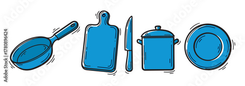 Blue hand-drawn kitchen utensils including a frying pan, chopping board, knife, pot, and plate, arranged in a row.