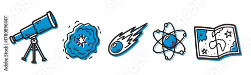 Blue outlined icons of a telescope on a tripod, a nebulous cloud, a meteor, an atomic structure, and a world map.