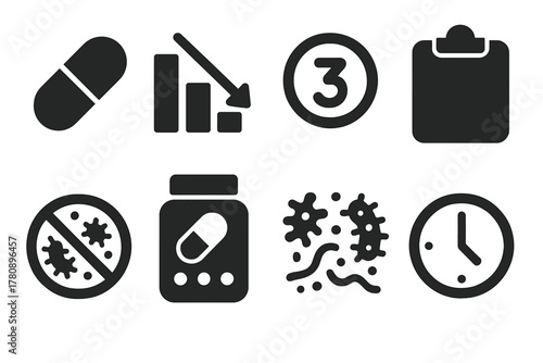 Antibiotics Prep Icons. Solid style icons of pre-FMT antibiotics prep: antibiotic pill icon, bacterial reduction chart, countdown