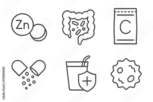 Immune System Icons. Line style icons of immune system biohacking: zinc tablet, gut flora diagram, vitamin C pack, immune booster