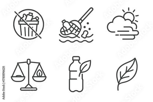 Eco Icons in Line. Line style icons of environmental benefits: reduced landfill icon, ocean cleanup symbol, lower plastic