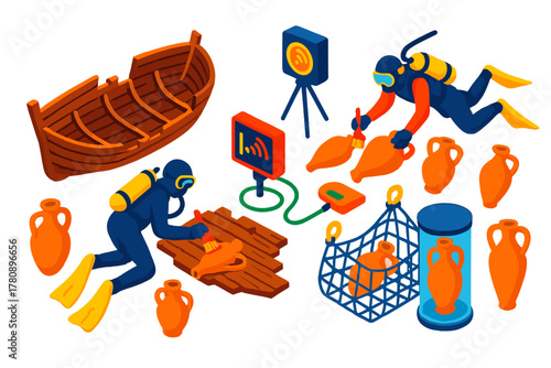 Nautical Archaeology Icons. Isometric vector illustration set Nautical archaeology: ship hull fragments, divers with brushes,