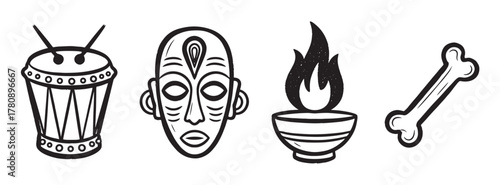 Black outline illustrations of an african drum, tribal mask, lit bowl of fire, and bone for cultural and artistic concepts.
